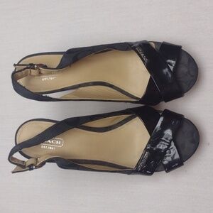 Coach Black Patent Leather & Fabric Slingback Wedge Sandals